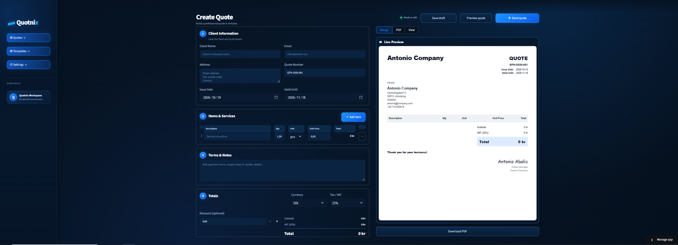Quotnix quote builder interface with live preview